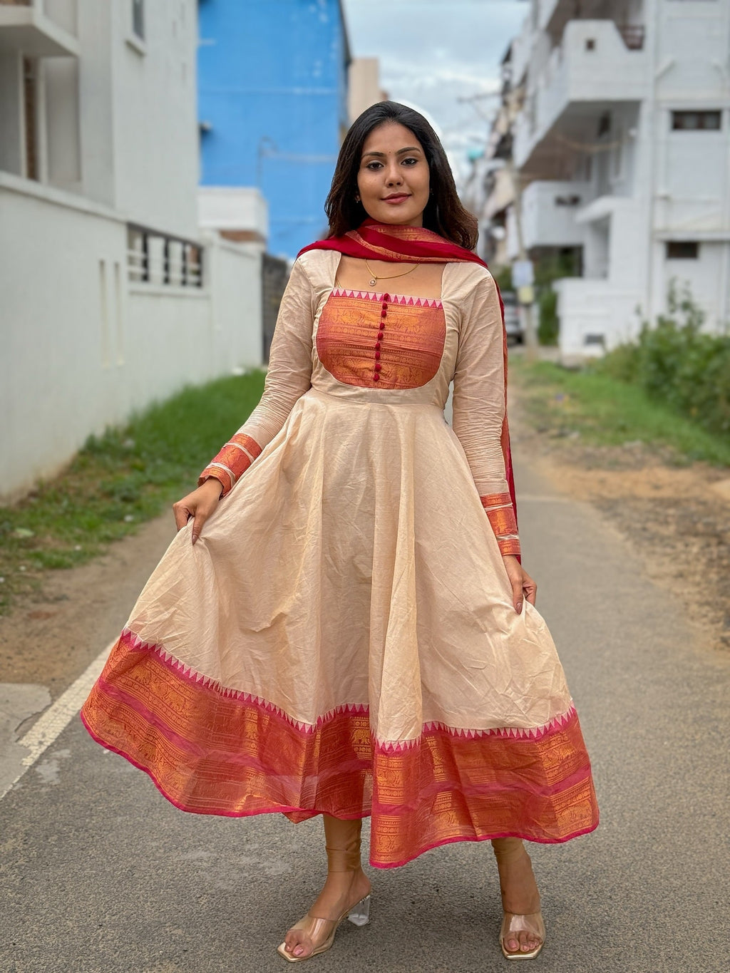 Anarkali Pure Kanchi Cotton With Dupatta Georgette Silk
