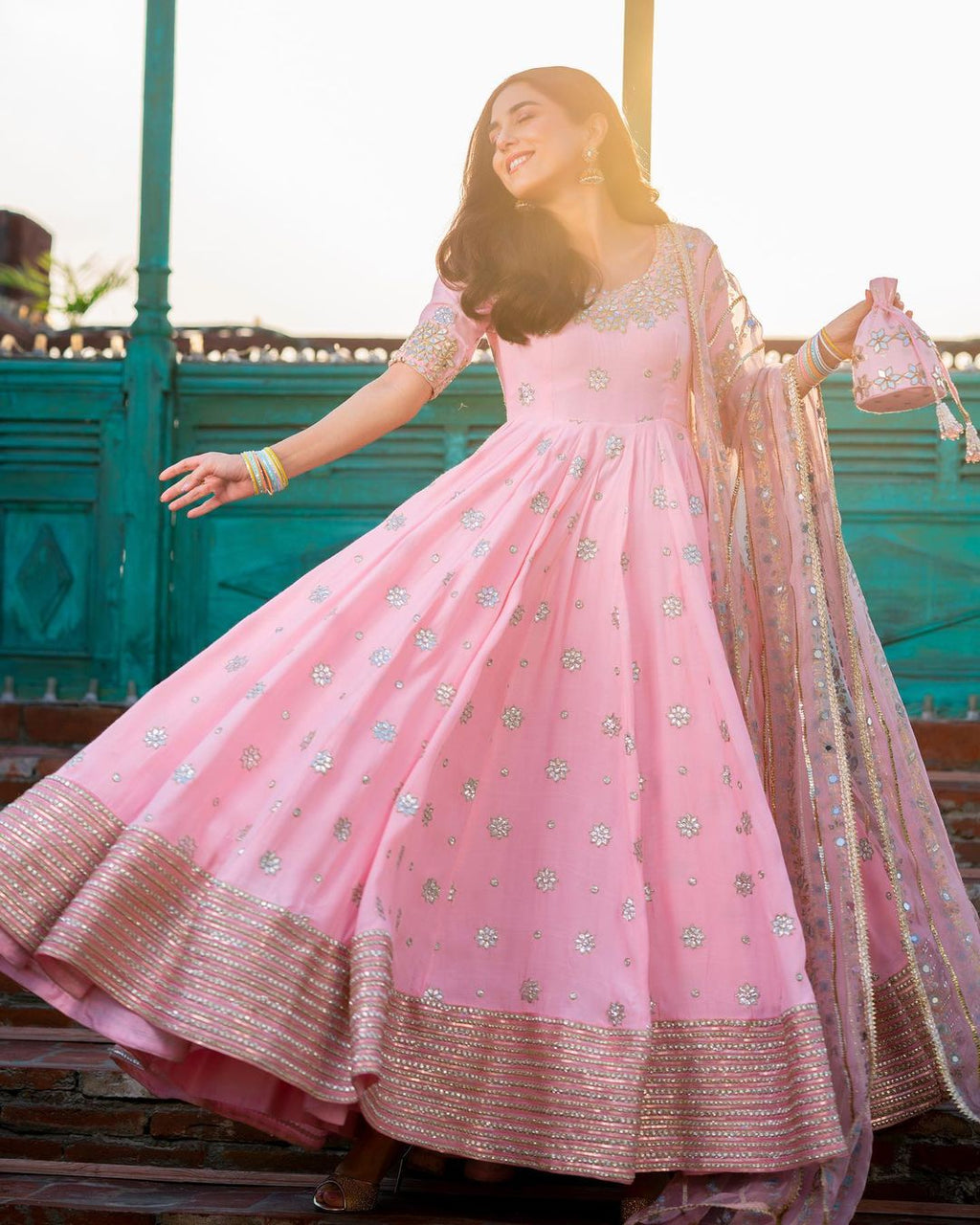 PINK LOOP ANARKALI SUIT SET